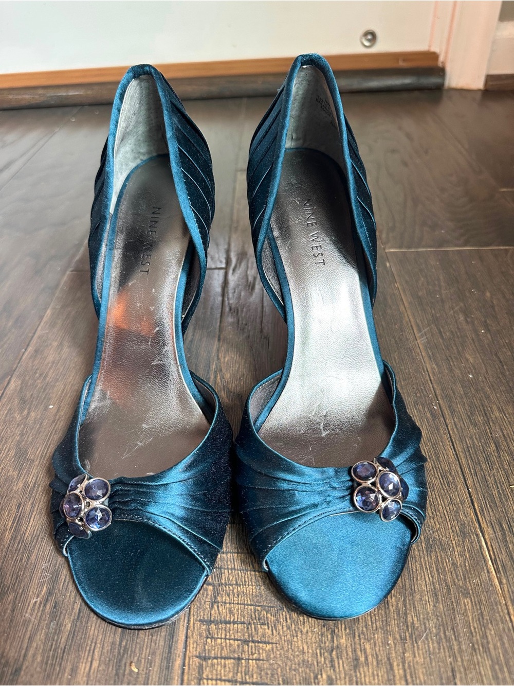 Nine West Teal Satin Peep-Toe Heels with Gem Accent, Size 8